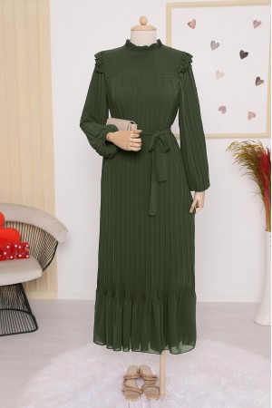 Front Robe Sleeves and Body Pleated Dress   -Khaki