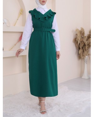 Yakası V Kemerli Uzun Jile Elbise      -Zümrüt