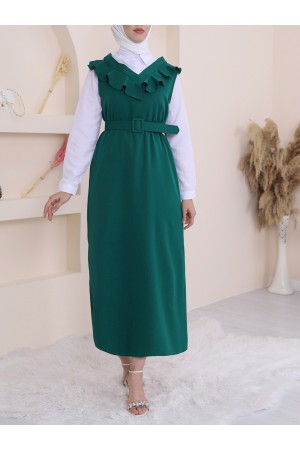 Yakası V Kemerli Uzun Jile Elbise      -Zümrüt