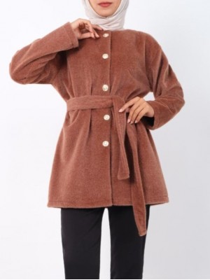 Düğmeli Beli Bağlamalı Kürklü Ceket -Kahve