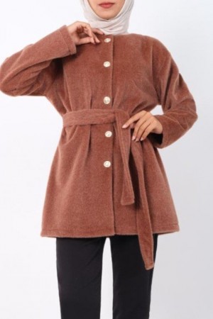 Buttoned Waist Tied Fur Jacket -Brown