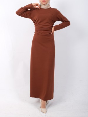 Belden Büzgülü Örme Krep Likralı Elbise  -Taba