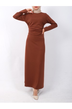Waist Pleated Knitted Crepe Lycra Dress  -Snuff