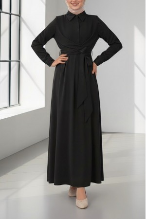 Yarım Düğmeli Önü Çapraz Bağlamalı Elbise -Siyah