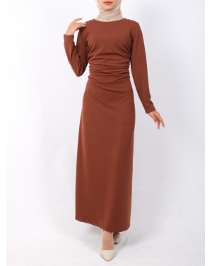 Waist Pleated Knitted Crepe Lycra Dress  -Snuff