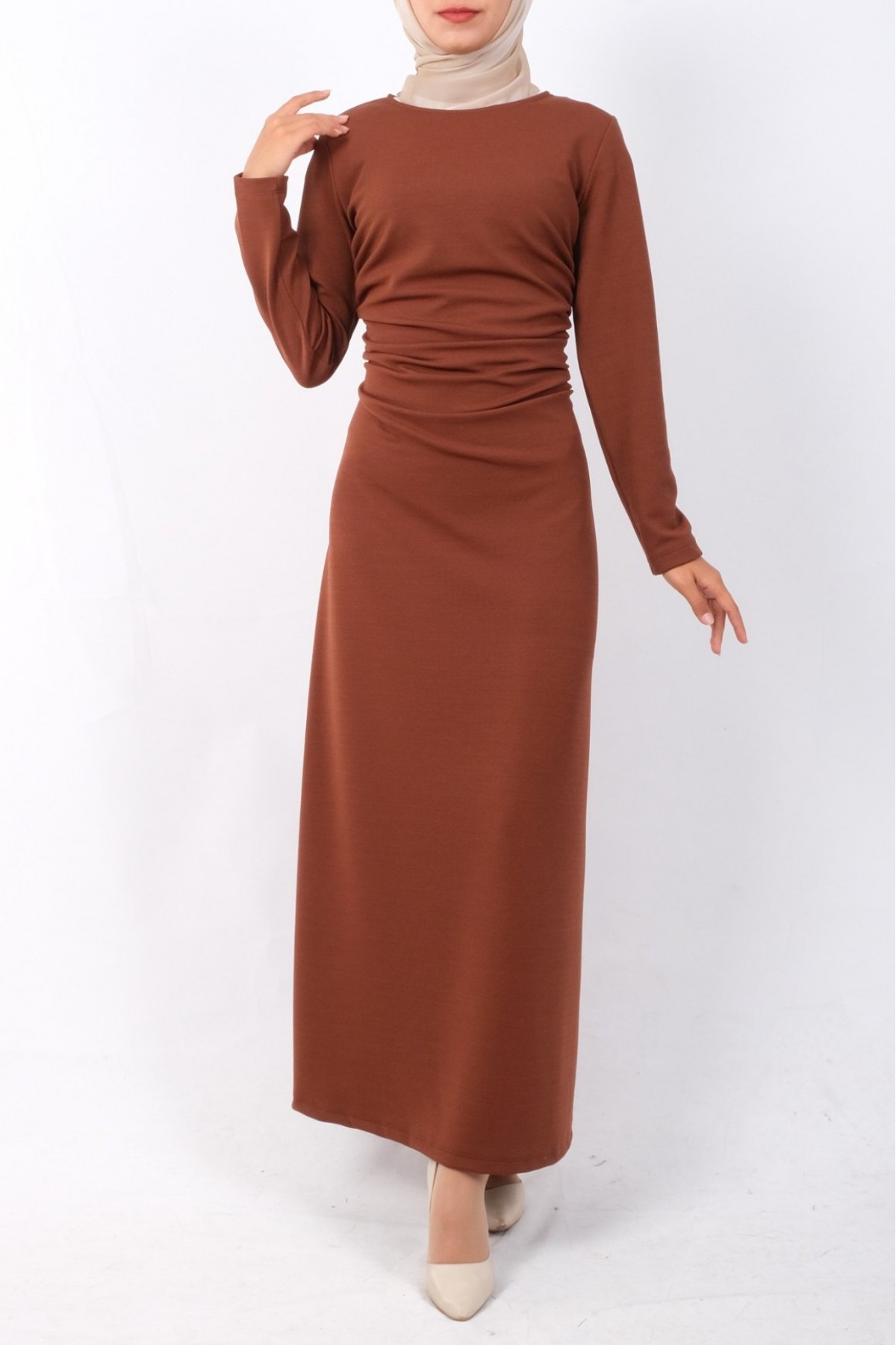 Waist Pleated Knitted Crepe Lycra Dress  -Snuff