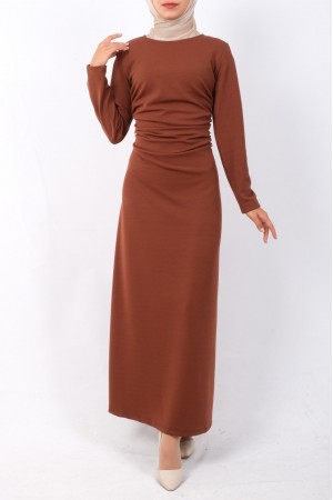 Belden Büzgülü Örme Krep Likralı Elbise  -Taba