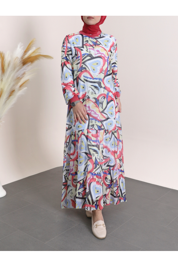Patterned Chiffon Dress with Ribbed Collar and Layered Skirt -Dried rose