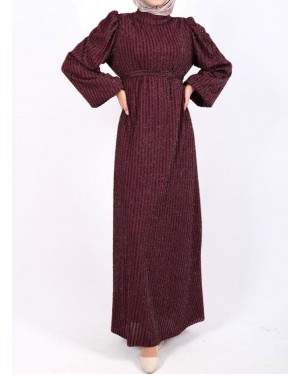 Kolu Lastikli Sim Çizgili Kemerli  Elbise -Bordo