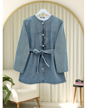 Kemerli Düğmeli Yuvarlak Yaka Kot Ceket -Buz Mavi