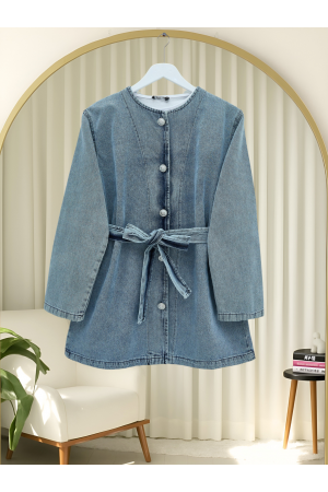 Belted Buttoned Round Neck Denim Jacket -Ice Blue