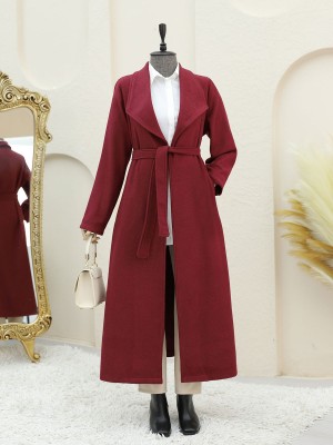 Şal Yaka Cepli Kuşaklı Kaşe Kaban -Bordo