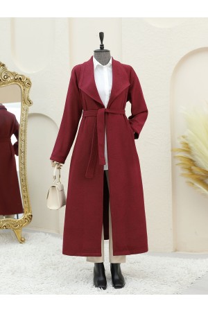 Şal Yaka Cepli Kuşaklı Kaşe Kaban -Bordo