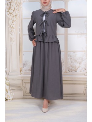 Önü Bağcıklı Kolu Lastikli Etekli Takım -Füme