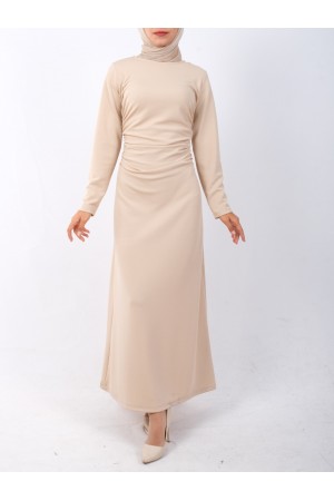 Waist Pleated Knitted Crepe Lycra Dress  - Beige