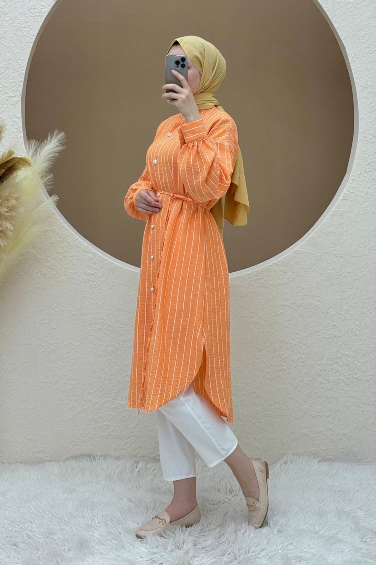 Top Buttoned Laced Striped Long Tunic -Orange