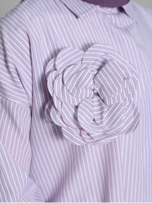 İnci Düğmeli Çizgili Broşlu gömlek -Pembe