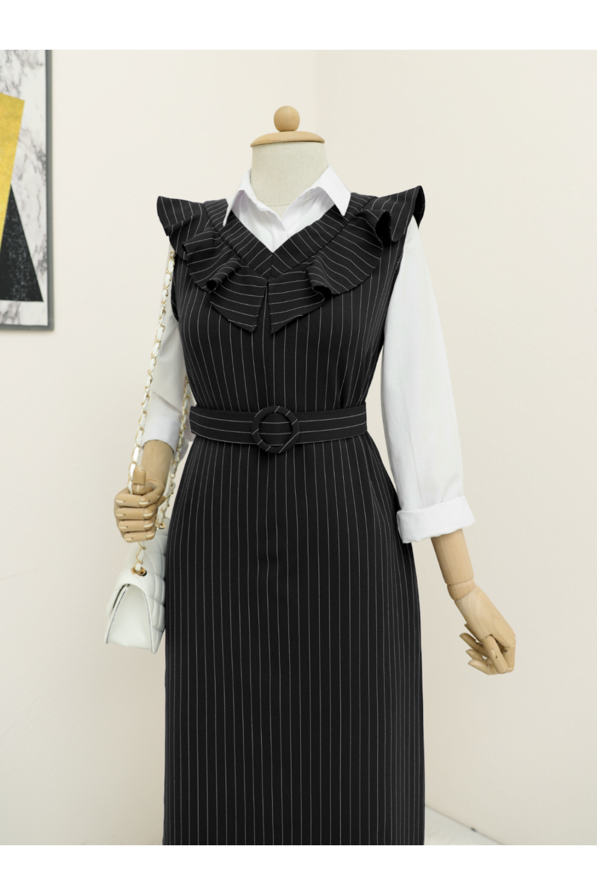 Striped Belted Gilet Dress with Frilly Collar -Black