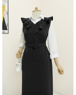 Striped Belted Gilet Dress with Frilly Collar -Black