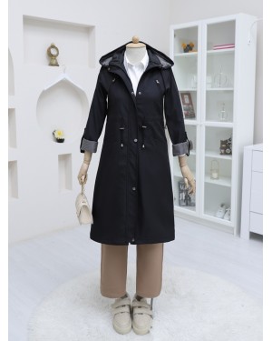 Snap Fastener Zippered Hooded Trench Coat -Black
