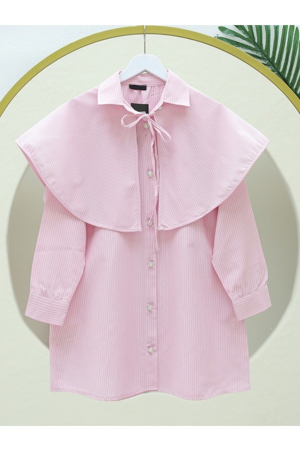 Pelerinli Çizgili Gömlek -Pembe