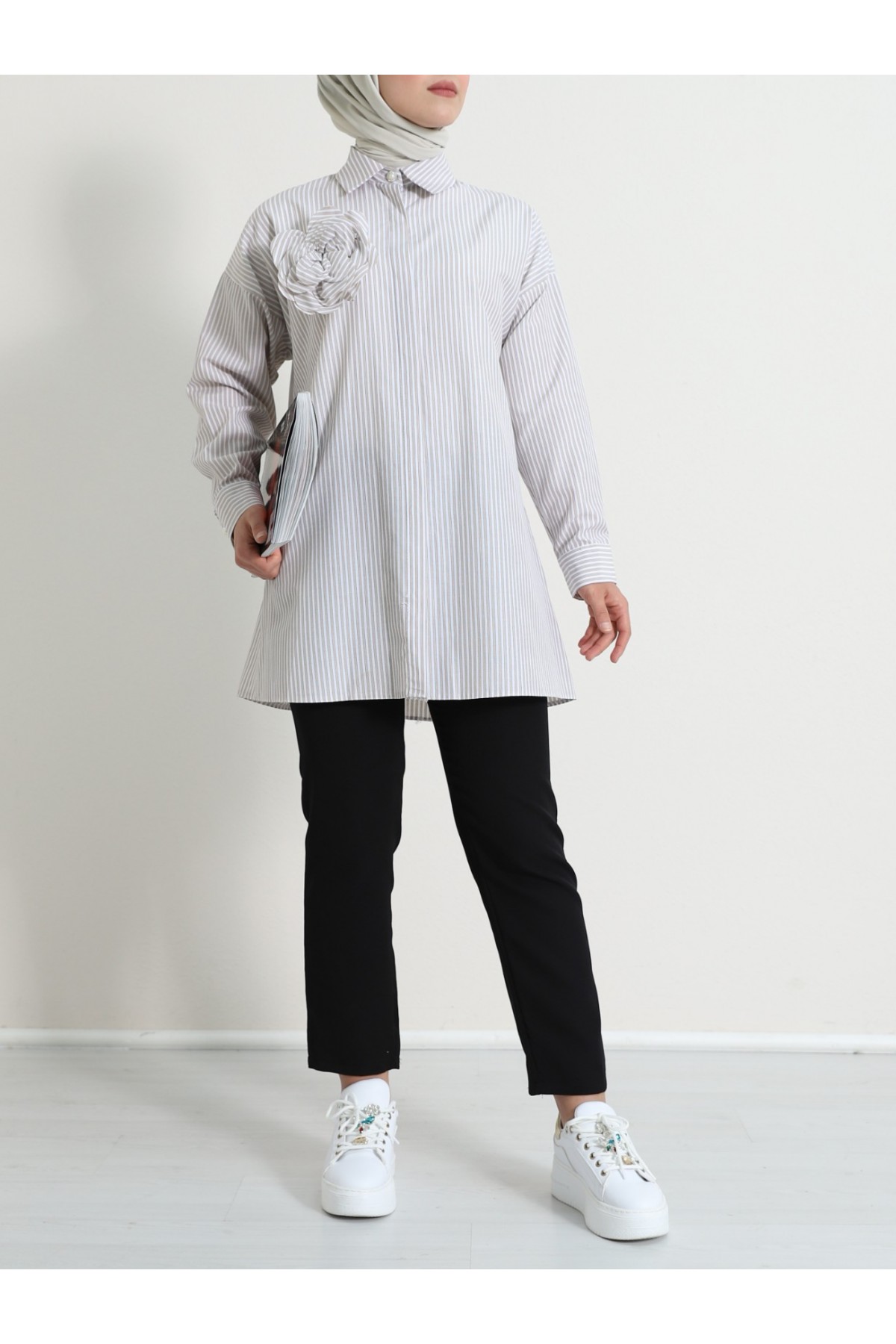 Pearl Button Striped Brooch Shirt  - Beige