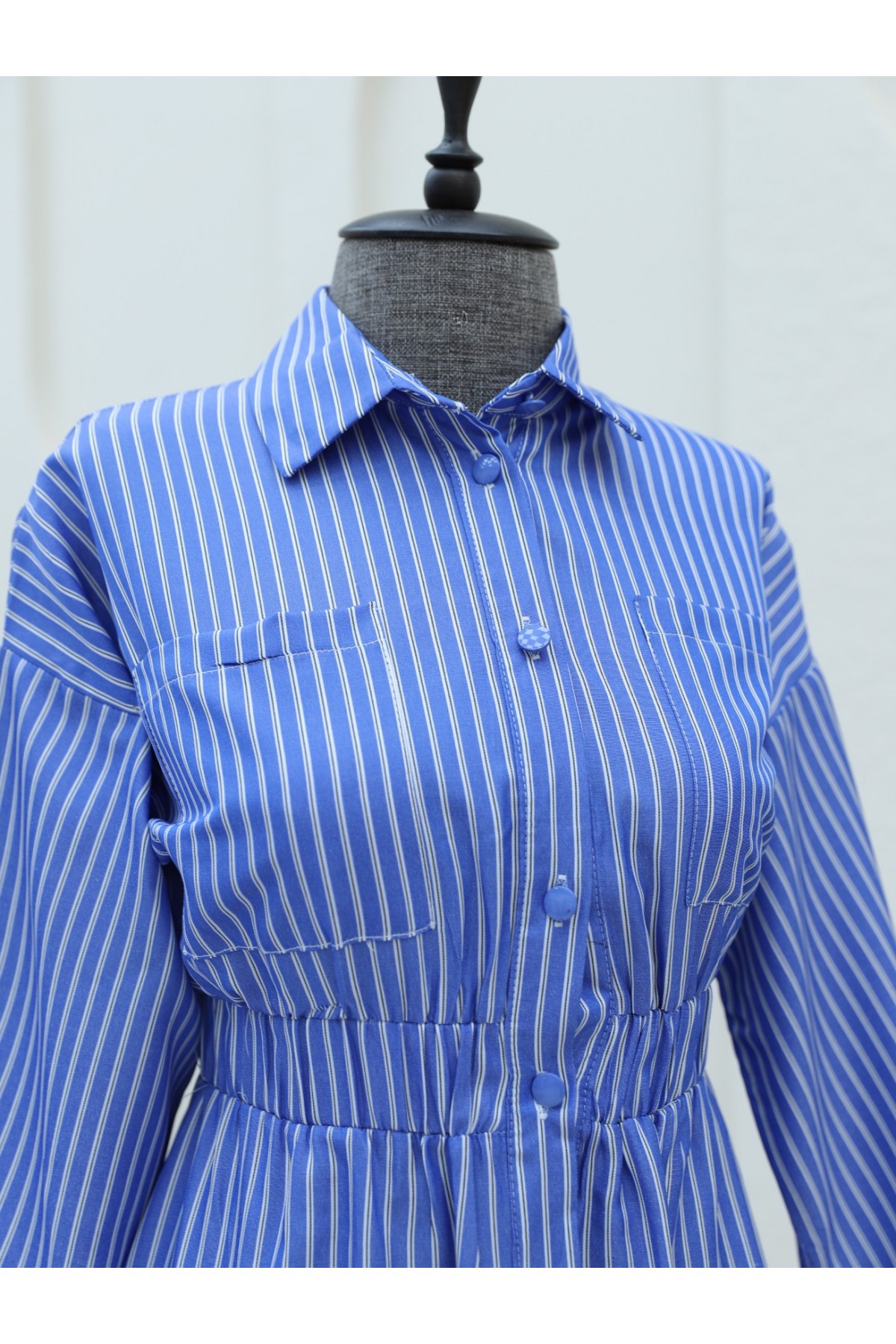Front Buttoned Striped Dress with Elastic Waist  -Dark blue