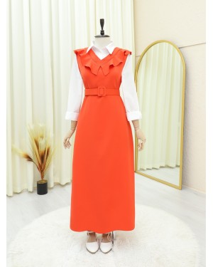 V Neck Long Gilet Dress      -Garnet Color