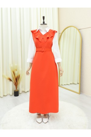 Yakası V Kemerli Uzun Jile Elbise      -Nar Çiçeği