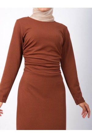 Waist Pleated Knitted Crepe Lycra Dress  -Snuff