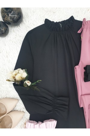 Pleated Collar Blouse   -Black