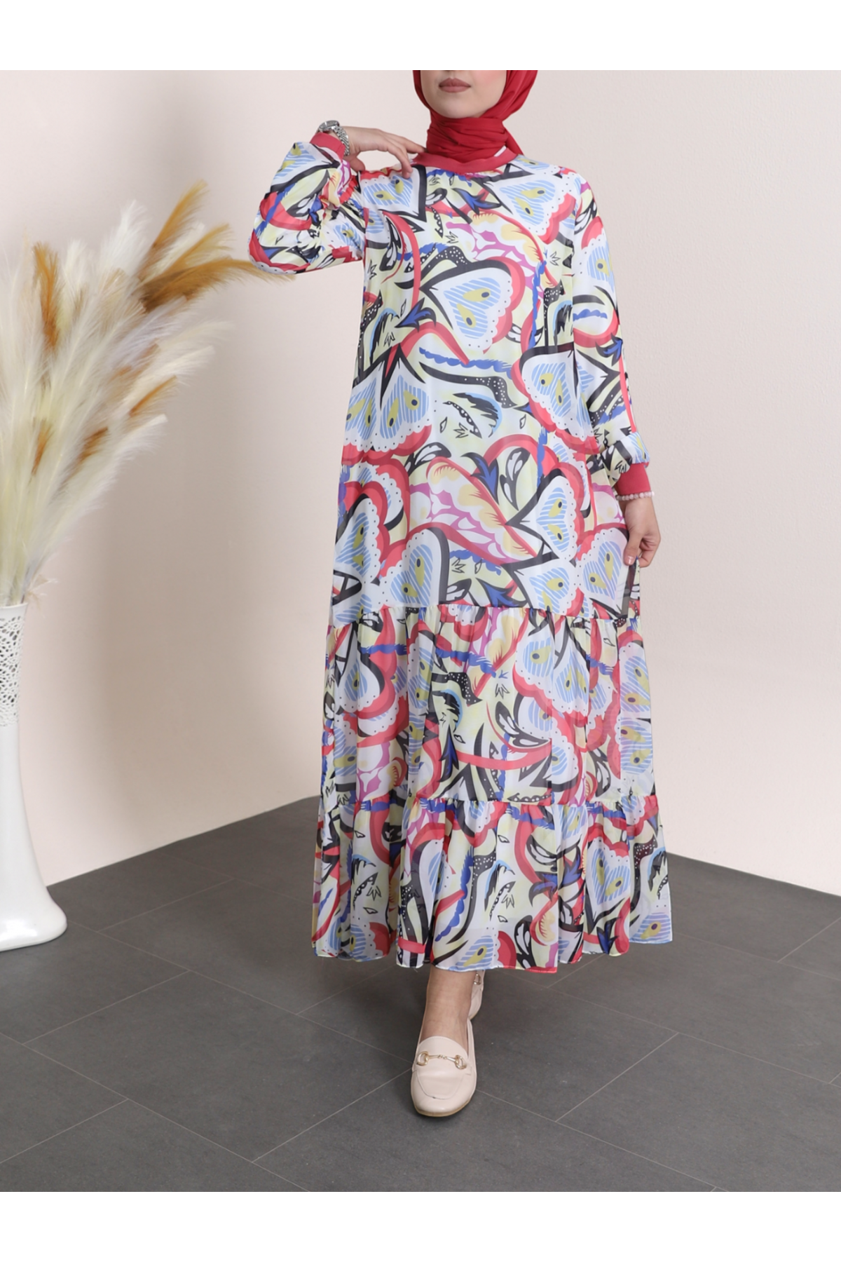 Patterned Chiffon Dress with Ribbed Collar and Layered Skirt -Dried rose