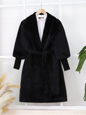 Kolu Ribanalı Şal Yaka Astarlı Kaşe Kaban -Siyah