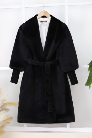 Kolu Ribanalı Şal Yaka Astarlı Kaşe Kaban -Siyah