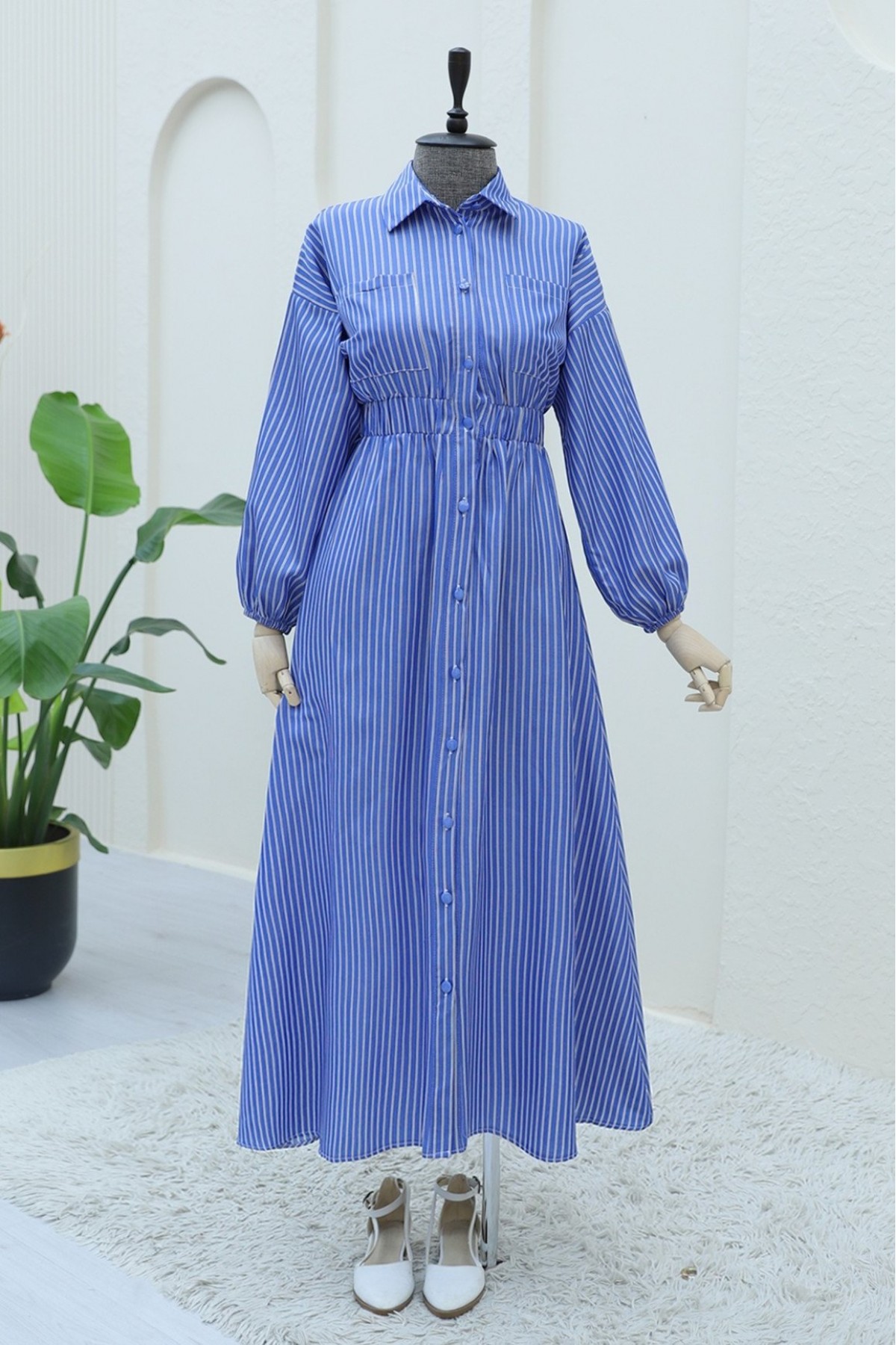 Front Buttoned Striped Dress with Elastic Waist  -Dark blue