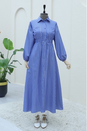 Önden Düğmeli Beli Lastikli Çizgili Elbise  -Koyu Mavi