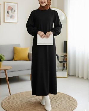 Round  Neck Long Oysh Dress -Black