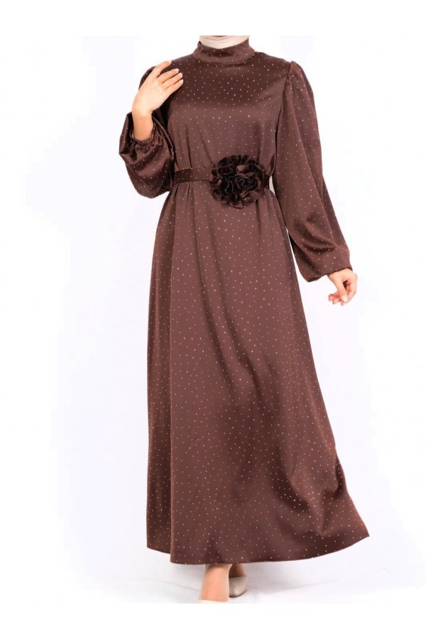 Balloon Sleeve Belted Stoned Satin Dress -Brown