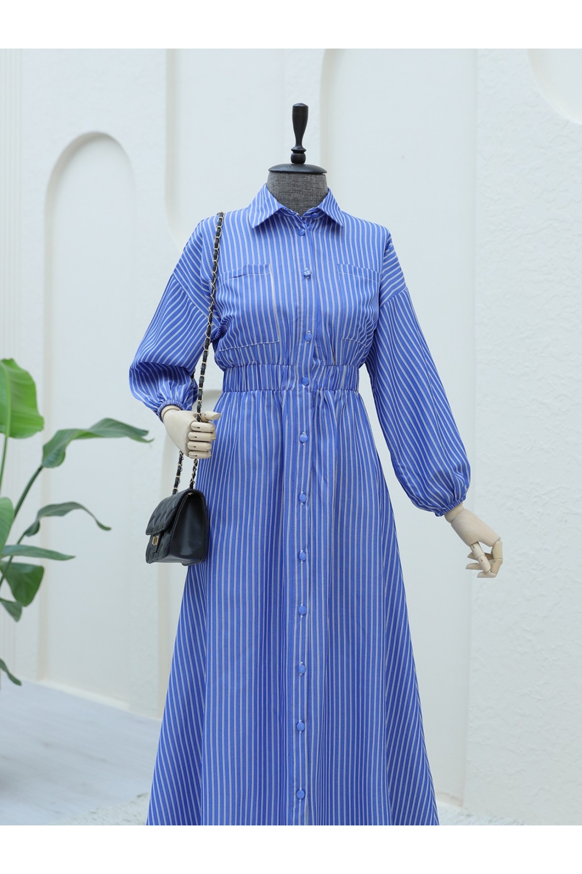 Front Buttoned Striped Dress with Elastic Waist  -Dark blue