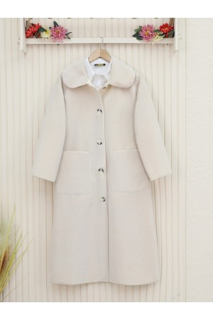 Boydan Düğmeli Cepli Kaban -Krem