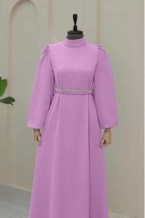 Magnificent Collar Balloon Sleeve Belted Dress -Pink