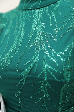 Simli Pullu Astarlı Kalem Elbise -Zümrüt