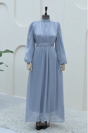 Shoulder Gathered Sparkly Fabric Balloon Sleeve Dress -Grey