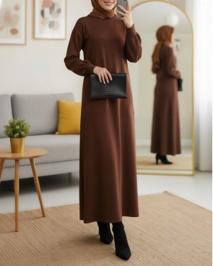 Round  Neck Long Oysh Dress -Brown