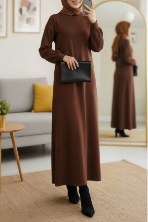 Yuvarlak Yaka Uzun Oysh Elbise -Kahve