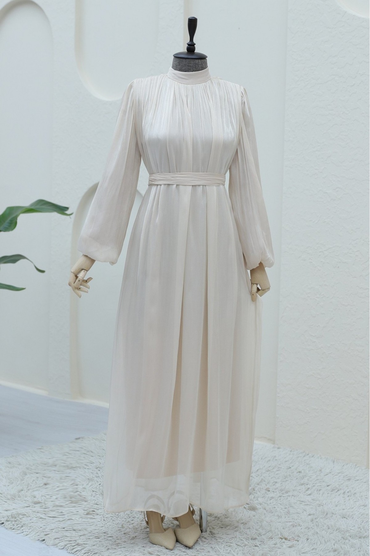 Shoulder Gathered Sparkly Fabric Balloon Sleeve Dress - Beige