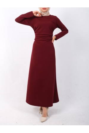 فستان محبوك من الكريب ليكرا، مجمع عند الخصر  -بوردو