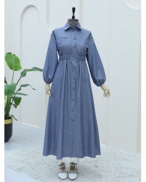 Front Buttoned Striped Dress with Elastic Waist  -Navy blue