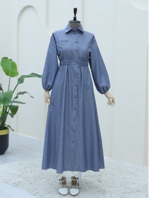 Front Buttoned Striped Dress with Elastic Waist  -Navy blue