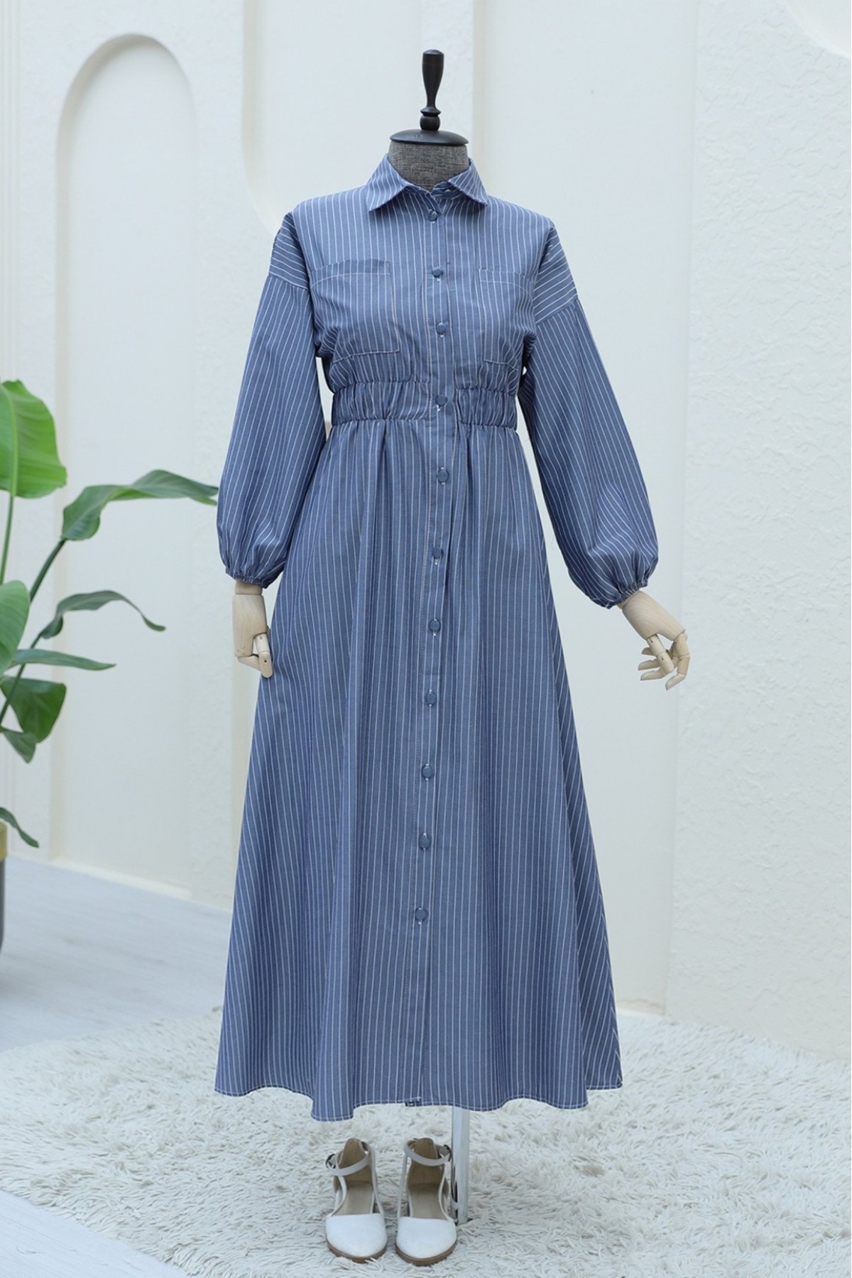 Front Buttoned Striped Dress with Elastic Waist  -Navy blue